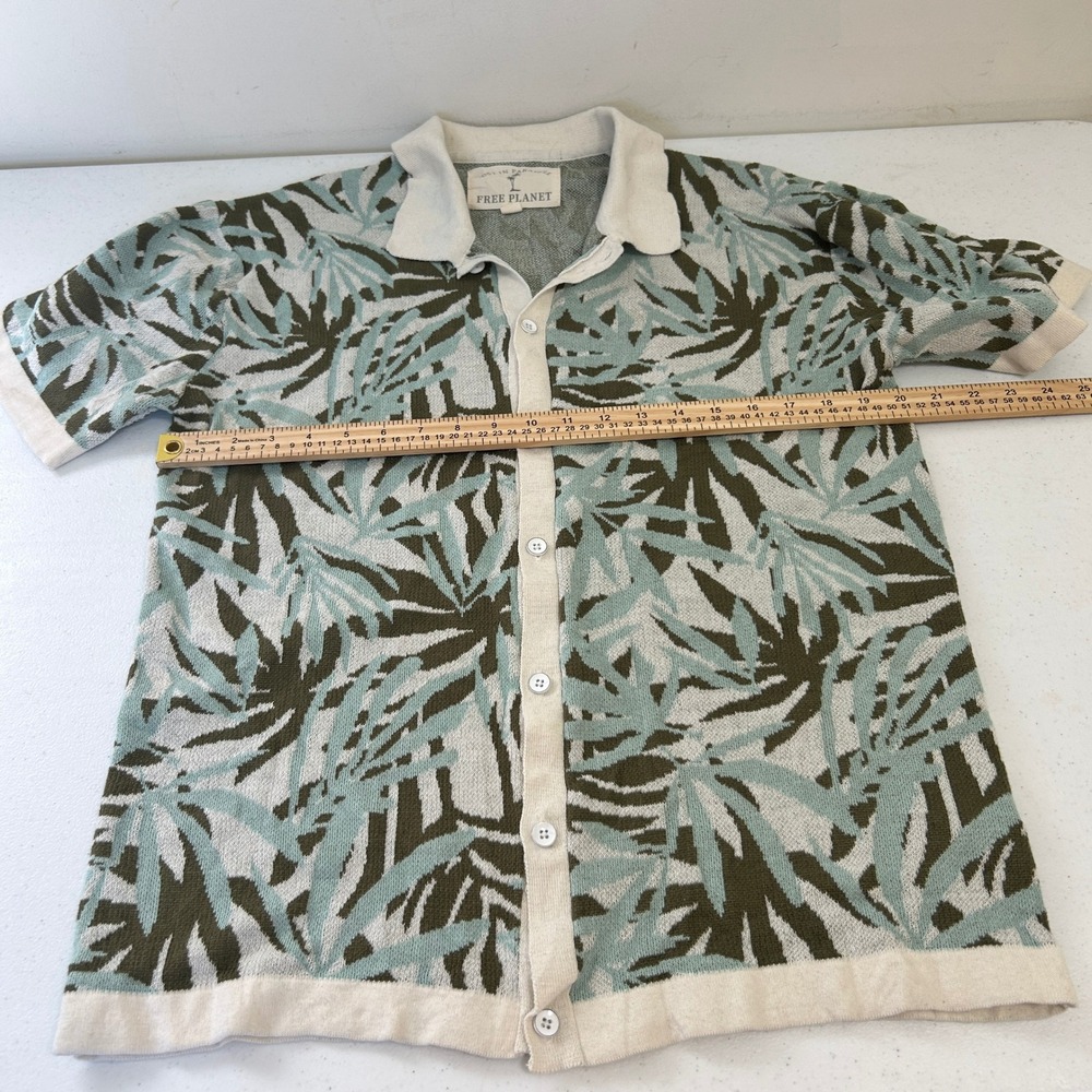 Free Planet Mens Tropical Palm Leaf Knit Button Down Shirt Green Blue Large - Picture 5 of 6